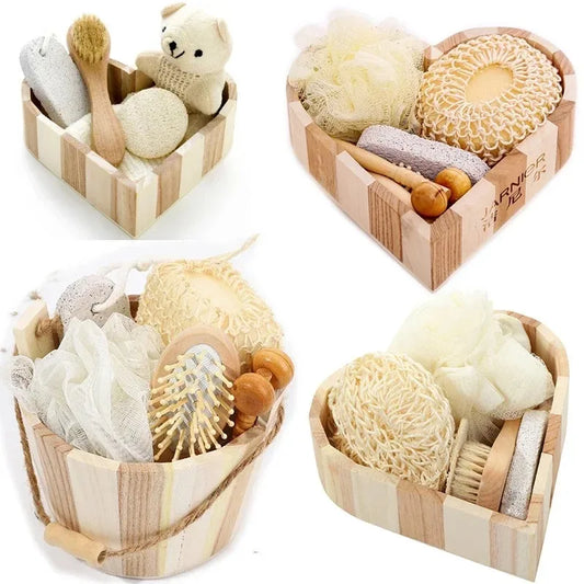1 Set Spa Heart Shape Gift Box Bathing Skin Cleaning Kit Spa Gift For Women Sisal Bath Flower Kit Back Scrubber Gloves Massager