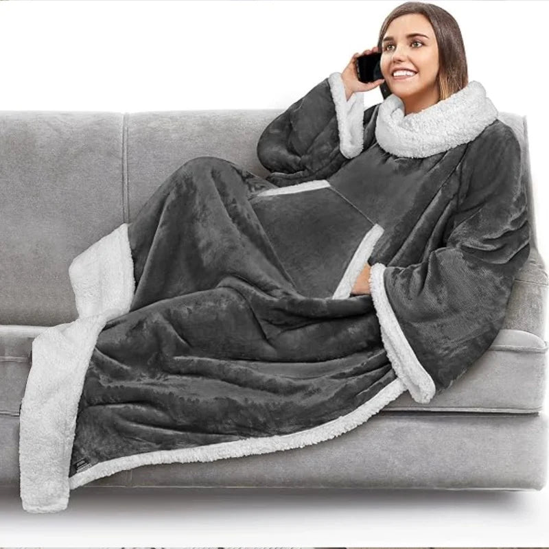 Home Wearable Adult Blanket Large Pocket Multifunctional Lazy Sleeve Blanket Antistatic Composite Sherpa Blanket TV Sofa Blanket