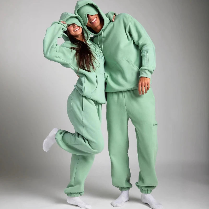 TARUXY Casual Hooded Sweatshirt Long Pants Set Women Eye Mask Pocket Pullover Sweatshirt Loose Trousers 2-Piece Set Autumn New