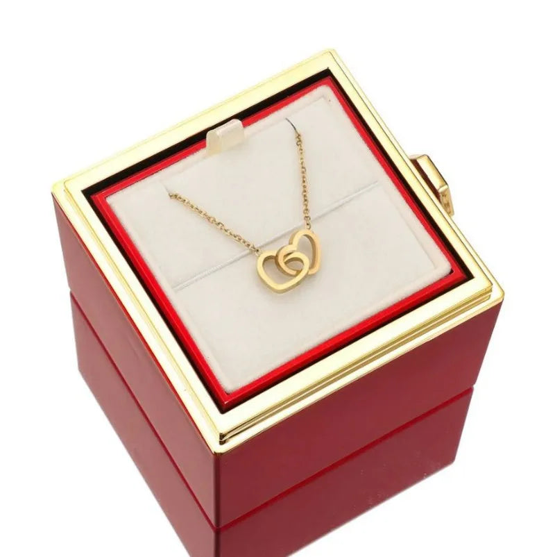 Rotating Eternal Rose Box Engraved Name Valentine’s Day Anniversary Gift Double Heart Necklace for Wife Girlfriend Lover Custom