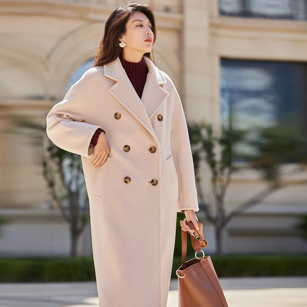 Women 100% Wool Coat For Winter Elegant Beautiful High Grade Brand Blends Double-breasted Office Woolen Overcoat XS With Belt