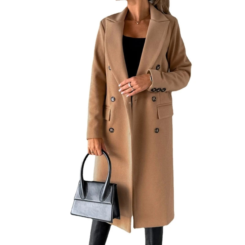 Women Wool Blend Overcoat Jackets Long Sleeve Double Breasted Jackets Coat with Pocket Warm Winter Trench Coat Outerwear