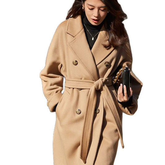 Women 100% Wool Coat For Winter Elegant Beautiful High Grade Brand Blends Double-breasted Office Woolen Overcoat XS With Belt