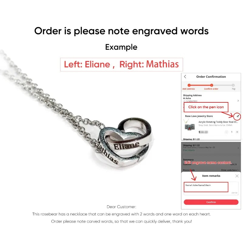 Rotating Eternal Rose Box Engraved Name Valentine’s Day Anniversary Gift Double Heart Necklace for Wife Girlfriend Lover Custom