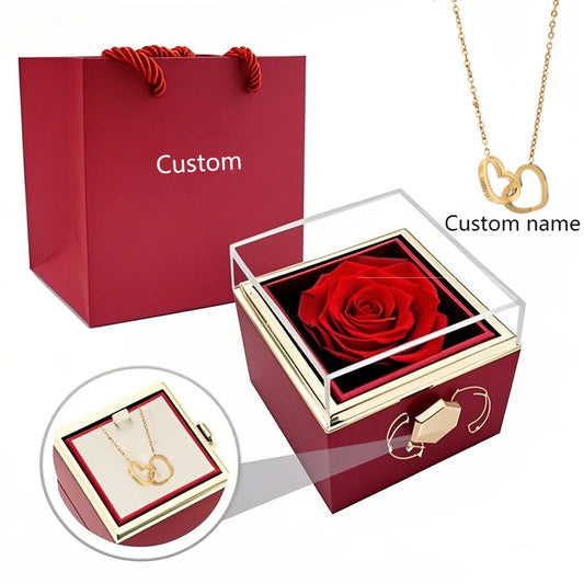 Rotating Eternal Rose Box Engraved Name Valentine’s Day Anniversary Gift Double Heart Necklace for Wife Girlfriend Lover Custom