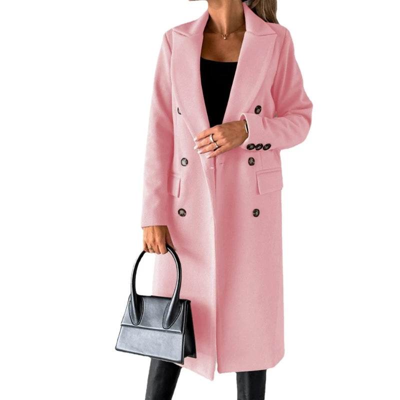Women Wool Blend Overcoat Jackets Long Sleeve Double Breasted Jackets Coat with Pocket Warm Winter Trench Coat Outerwear