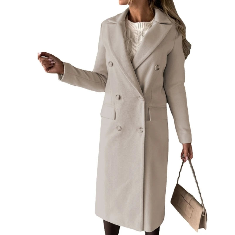 Women Wool Blend Overcoat Jackets Long Sleeve Double Breasted Jackets Coat with Pocket Warm Winter Trench Coat Outerwear