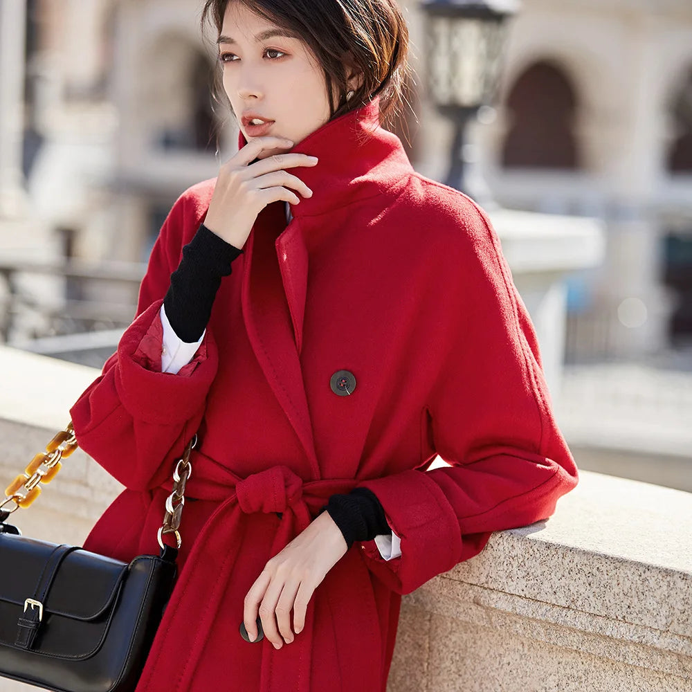 Women 100% Wool Coat For Winter Elegant Beautiful High Grade Brand Blends Double-breasted Office Woolen Overcoat XS With Belt